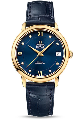 Omega De Ville Yellow Gold 32.7 MM - Blue Leather Strap - Blue Diamond Dial - 424.53.33.20.53.002 nyc watcher nyc watches