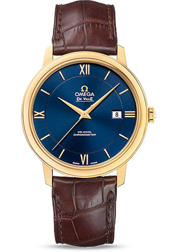 Omega De Ville Yellow Gold 39.5 MM - Brown Leather Strap - Blue Dial - 424.53.40.20.03.001 nyc watcher nyc watches