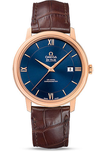 Omega De Ville Rose Gold 39.5 MM - Brown Leather Strap - Blue Dial - 424.53.40.20.03.002  nyc watcher nyc watches