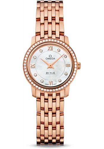 Omega De Ville Rose Gold 24.4 MM - Rose Gold Bracelet - Diamond Bezel - White Mother -Of- Pearl Diamond Dial - 424.55.24.60.55.002 nyc watcher nyc watches