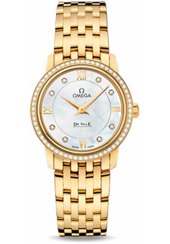 Omega De Ville Yellow Gold 27.4 MM - Yellow Gold Bracelet - Diamond Bezel - Mother-Of-Pearl Diamond Dial - 424.55.27.60.55.001 nyc watcher nyc watches