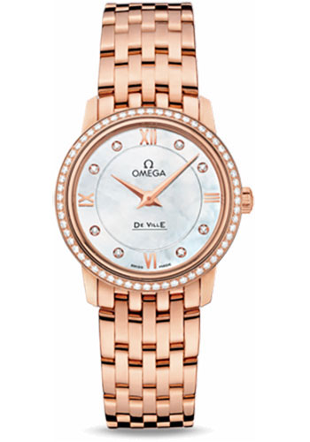 Omega De Ville Rose Gold 27.4 MM - Rose Gold Bracelet - Diamond Bezel - Mother-Of-Pearl Diamond Dial - 424.55.27.60.55.002 nyc watcher nyc watches