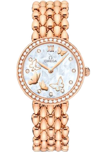 Omega De Ville Rose Gold 27.4 MM - Rose Gold Bracelet - Diamond Bezel - Mother-Of-Pearl Dial - 424.55.27.60.55.003 nyc watcher nyc watches