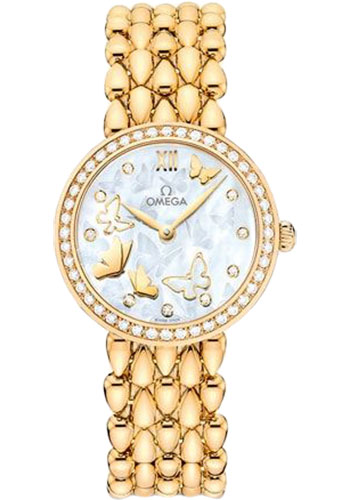 Omega De Ville Yellow Gold 27.4 MM - Yellow Gold Bracelet - Diamond Bezel - Mother-Of-Pearl Dial - 424.55.27.60.55.005 nyc watcher nyc watches