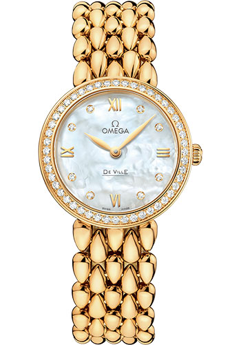 Omega De Ville Yellow Gold 27.4 MM - Yellow Gold Bracelet - Diamond Bezel - Mother-Of-Pearl Dial - 424.55.27.60.55.006 nyc watcher nyc watches