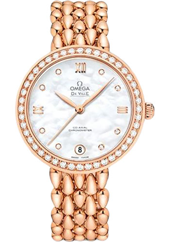 Omega De Ville Rose Gold 32.7 MM - Rose Gold Bracelet - Diamond Bezel - White Mother -Of- Pearl Diamond Dial - 424.55.33.20.55.007  nyc watcher nyc watches