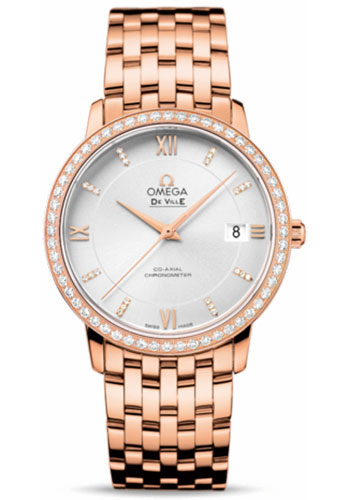 Omega De Ville Rose Gold 36.8 MM - Rose Gold Bracelet - Diamond Bezel - Silver Diamond Dial - 424.55.37.20.52.001 nyc watcher nyc watches