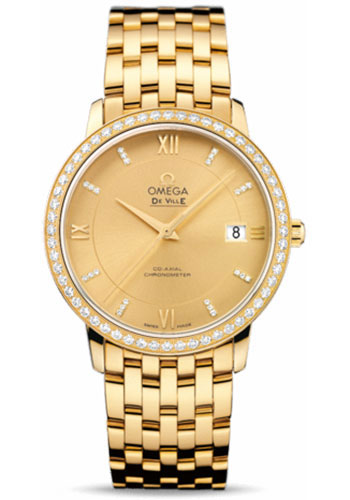 Omega De Ville Yellow Gold 36.8 MM - Yellow Gold Bracelet - Diamond Bezel - Champagne Diamond Dial - 424.55.37.20.58.001 nyc watcher nyc watches