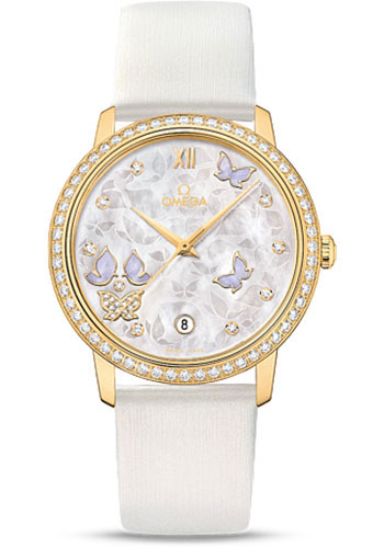 Omega De Ville Yellow Gold 36.8 MM - White Leather Strap - Diamond Bezel - Mother-Of-Pearl Diamond Dial - 424.57.37.20.55.001