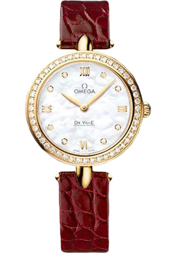 Omega De Ville Yellow Gold 27.4 MM - Red Leather Strap - Diamond Bezel - Mother-Of-Pearl Dial - 424.58.27.60.55.001 nyc watcher nyc watches