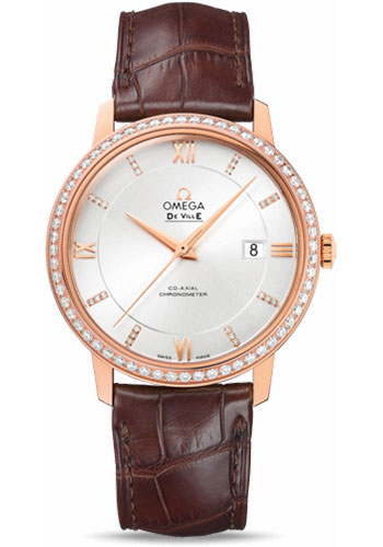 Omega De Ville Rose Gold 39.5 MM - Brown Leather Strap - Diamond Bezel - Silver Diamond Dial - 424.58.40.20.52.002 nyc watcher nyc watches