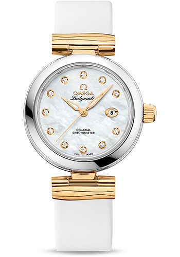 Omega De Ville Stainless Steel and Yellow Gold 34 MM - White Leather Strap - White Mother-Of-Pearl Diamond Dial - 425.22.34.20.55.003