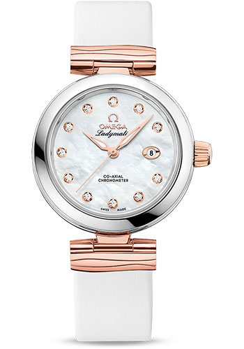 Omega De Ville Stainless Steel and Rose Gold 34 MM - White Leather Strap - White Mother-Of-Pearl Diamond Dial - 425.22.34.20.55.004