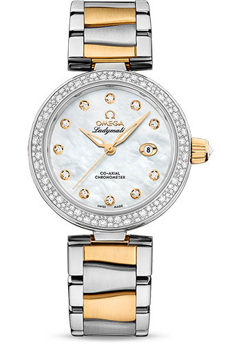 Omega De Ville Stainless Steel and Yellow Gold 34 MM - Stainless Steel and Yellow Gold Bracelet - Diamond Bezel - White Mother-Of-Pearl Diamond Dial - 425.25.34.20.55.003