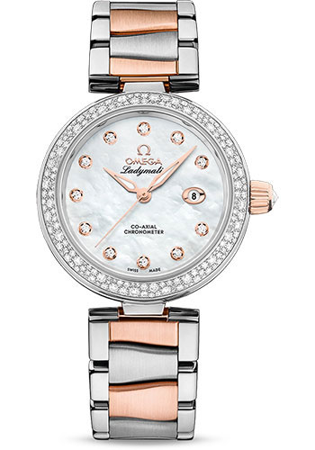 Omega De Ville Stainless Steel and Rose Gold 34 MM - Stainless Steel and Rose Gold Bracelet - Diamond Bezel - White Mother-Of-Pearl Diamond Dial - 425.25.34.20.55.004