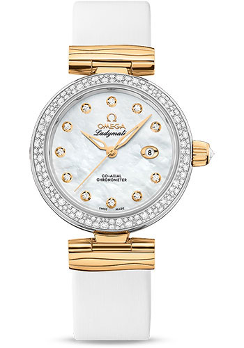 Omega De Ville Stainless Steel and Yellow Gold 34 MM - White Leather Strap - Diamond Bezel -  White Mother-Of-Pearl Diamond Dial - 425.27.34.20.55.003