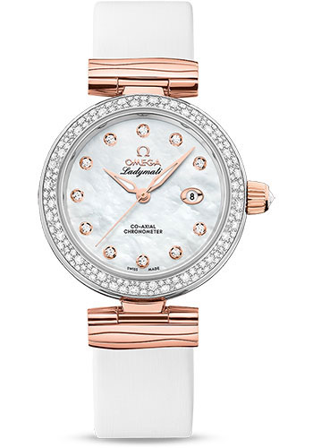 Omega De Ville Stainless Steel and Rose Gold 34 MM - White Leather Strap - Diamond Bezel -  White Mother-Of-Pearl Diamond Dial - 425.27.34.20.55.004