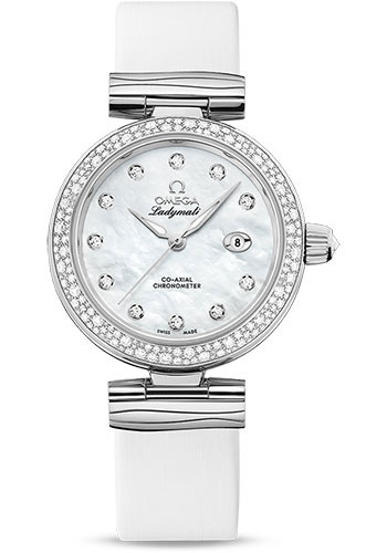 Omega De Ville Stainless Steel 34 MM - White Leather Strap - Diamond Bezel - White Diamond Dial - 425.37.34.20.55.002