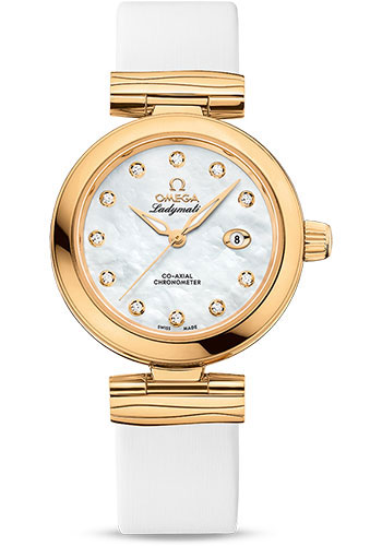 Omega De Ville Yellow Gold 34 MM - White Leather Strap - White Mother-Of-Pearl Diamond Dial - 425.62.34.20.55.003