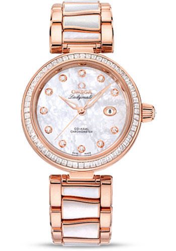 Omega De Ville Rose Gold 34 MM - Rose Gold Bracelet - Diamond Bezel - White Mother-Of-Pearl Diamond Dial - 425.65.34.20.55.007