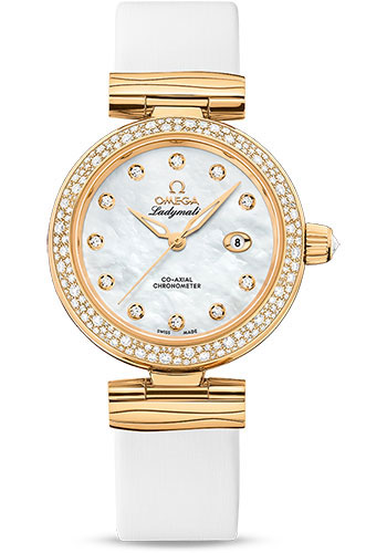 Omega De Ville Yellow Gold 34 MM - White Leather Strap - Diamond Bezel - White Mother-Of-Pearl Diamond Dial - 425.67.34.20.55.007