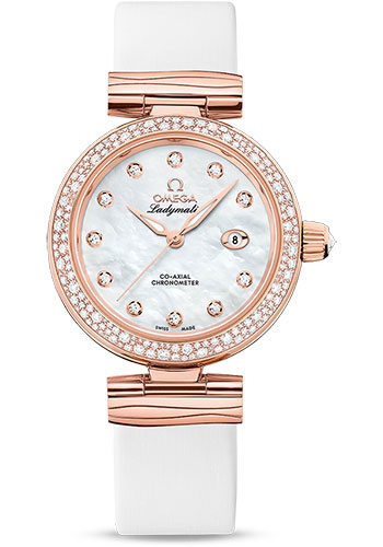 Omega De Ville Rose Gold 34 MM - White Leather Strap - Diamond Bezel - White Mother-Of-Pearl Diamond Dial - 425.67.34.20.55.008