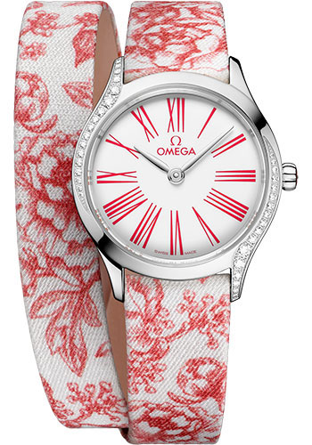 Omega De Ville Stainless Steel 26 MM - Red Floral Toile De Jouy Double Tour Fabric Bracelet - White Dial - 428.17.26.60.04.003