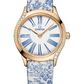 Omega De Ville Yellow Gold 26 MM - Blue Sea Toile De Jouy Fabric Bracelet - Diamond Bezel - White Dial - 428.57.26.60.04.001