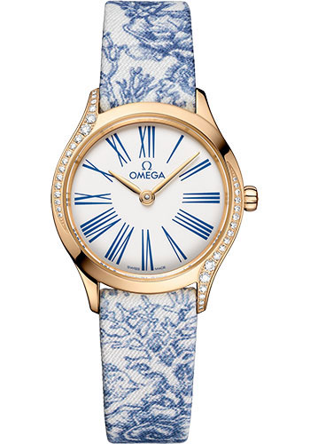 Omega De Ville Yellow Gold 26 MM - Blue Sea Toile De Jouy Fabric Bracelet - Diamond Bezel - White Dial - 428.57.26.60.04.001