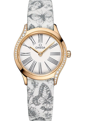 Omega De Ville Yellow Gold 26 MM - Black Sea Toile De Jouy Fabric Bracelet - Diamond Bezel - White Dial - 428.57.26.60.04.002