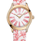 Omega De Ville Yellow Gold 26 MM - Red Floral Toile De Jouy Fabric Bracelet - Diamond Bezel - White Dial - 428.57.26.60.04.003