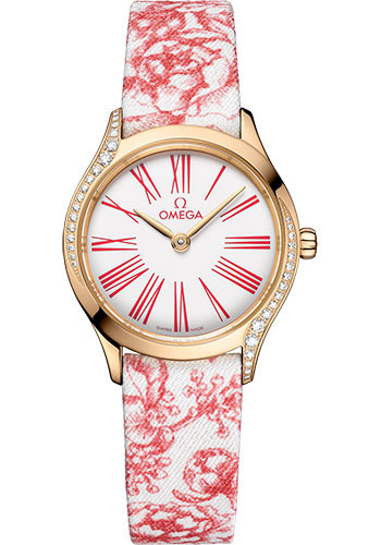 Omega De Ville Yellow Gold 26 MM - Red Floral Toile De Jouy Fabric Bracelet - Diamond Bezel - White Dial - 428.57.26.60.04.003