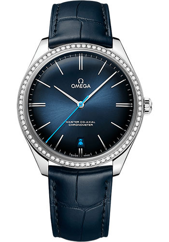 Omega De Ville Stainless Steel 40 MM - Blue Leather Strap - Diamond Bezel - Blue Dial - 432.18.40.21.03.001