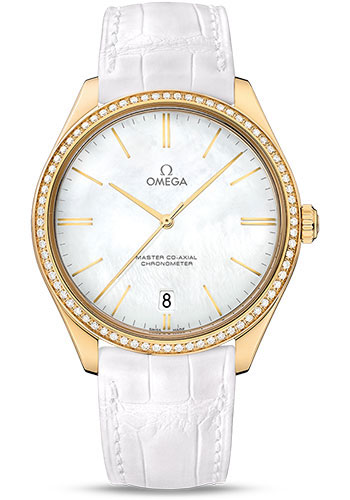 Omega De Ville Yellow Gold 40 MM - White Leather Strap - Diamond Bezel - White Dial - 432.58.40.21.05.002