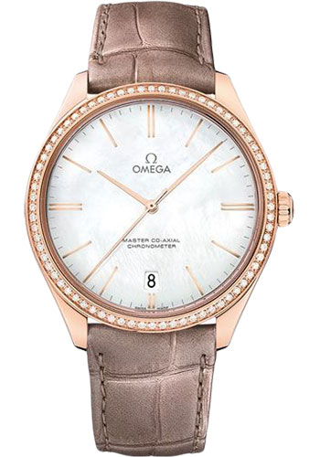 Omega De Ville Rose Gold 40 MM - Brown Leather Strap - Diamond Bezel - Domed Mother-Of-Pearl Dial - 432.58.40.21.05.003