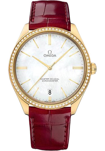 Omega De Ville Yellow Gold 40 MM - Red Leather Strap - Diamond Bezel - Domed Mother-Of-Pearl Dial - 432.58.40.21.05.004