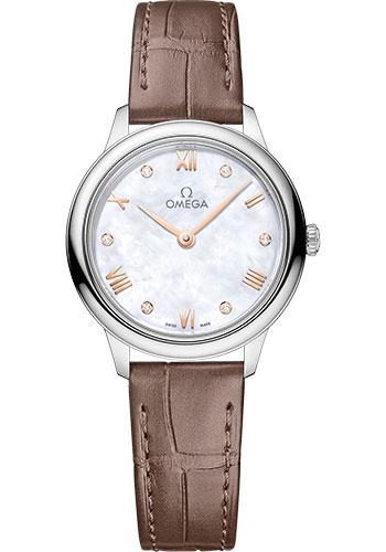 Omega De Ville Stainless Steel 27.5 MM - Taupe Brown Leather Strap - White Mother -Of- Pearl Dial - 434.13.28.60.55.001