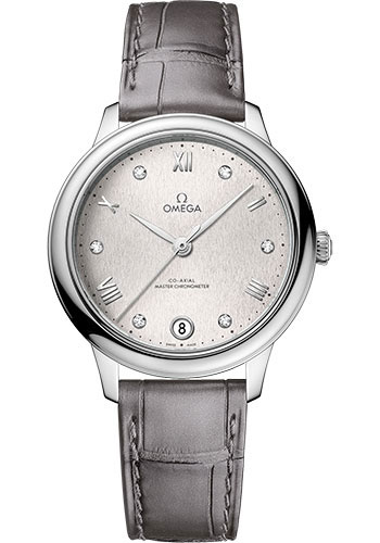 Omega De Ville Stainless Steel  34 MM - Grey Leather Strap - Silvery Dial - 434.13.34.20.52.001