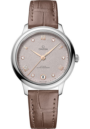 Omega De Ville Stainless Steel  34 MM - Taupe Brown Leather Strap - Rose Grey Dial - 434.13.34.20.52.002