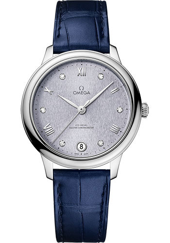 Omega De Ville Stainless Steel  34 MM - Blue Leather Strap - Lavender Blue Dial - 434.13.34.20.53.001