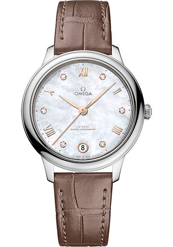 Omega De Ville Stainless Steel  34 MM - Taupe Brown Leather Strap - White Mother-Of-Pearl Dial - 434.13.34.20.55.001