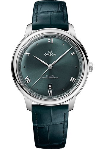 Omega De Ville Stainless Steel 40 MM - Blue Leather Strap - Green Dial - 434.13.40.20.10.001