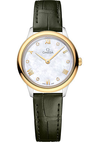 Omega De Ville Stainless Steel and Yellow Gold 27.5 MM - Olive Green Leather Strap - White Mother -Of- Pearl Dial - 434.23.28.60.55.001