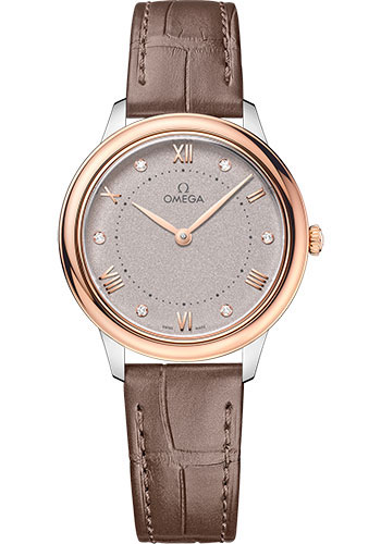 Omega De Ville Stainless Steel and Rose Gold 30 MM - Brown Leather Strap - PVD Rose-Grey Sandy Silver Dial - 434.23.30.60.52.001