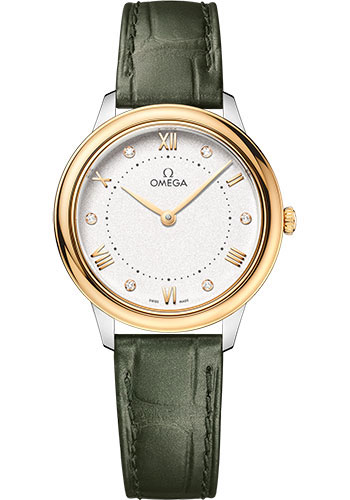 Omega De Ville Stainless Steel and Yellow Gold 30 MM - Olive Green Leather Strap - Silvery Dial - 434.23.30.60.52.002