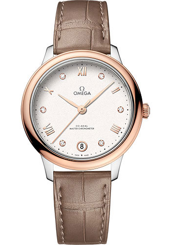 Omega De Ville Rose Gold and Stainless Steel  34 MM - Taupe Brown Leather Strap - Silvery Dial - 434.23.34.20.52.001