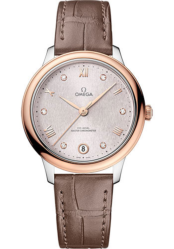 Omega De Ville Rose Gold and Stainless Steel  34 MM - Taupe Brown Leather Strap - Rose Silvery Dial - 434.23.34.20.52.003