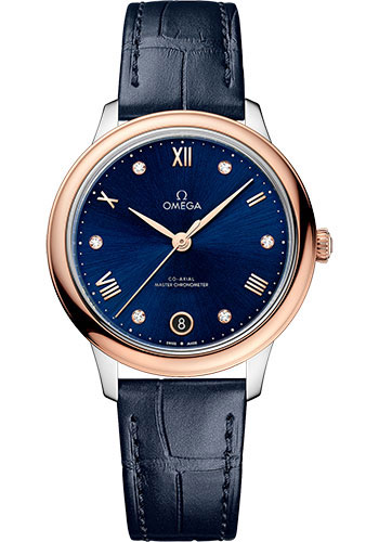 Omega De Ville Rose Gold and Stainless Steel  34 MM - Dark Blue Leather Strap - Blue Dial - 434.23.34.20.53.001