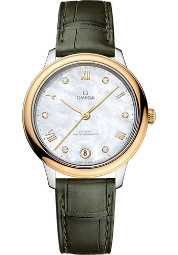 Omega De Ville Yellow Gold and Stainless Steel  34 MM - Olive Green Leather Strap - White Mother-Of-Pearl Dial - 434.23.34.20.55.002