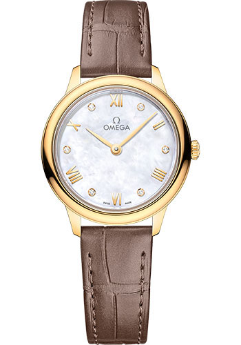 Omega De Ville Yellow Gold 27.5 MM - Taupe Brown Leather Strap - White Mother -Of- Pearl Dial - 434.53.28.60.55.002